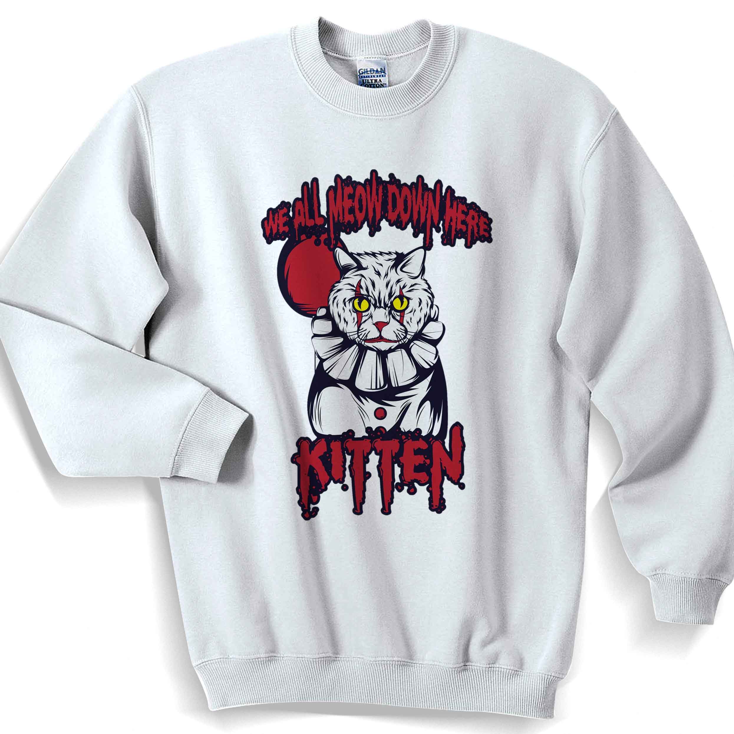 Kitten We All Meow Down Here Halloween Horror Movie Sweater Sweatshirt