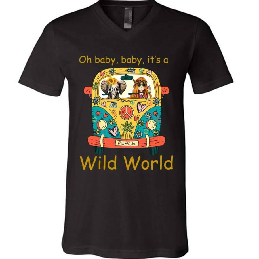 Oh Baby Baby It’s A Wild World, Hippie Car Girl, Peace Sign, Elephant Design – Canvas Unisex V-Neck Shirt