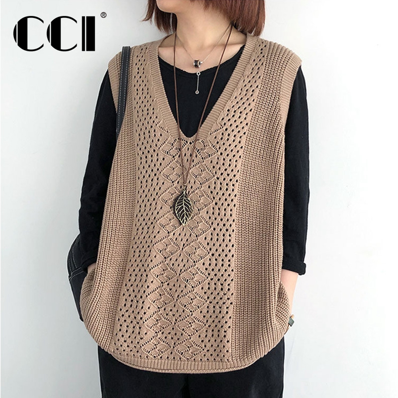 CCI Women Hollow Knit Sleeveless Vest Loose Vintage Outerwear Casual Sweater V-Neck Autumn Female Waistcoat Chic Tops YJ008S alx