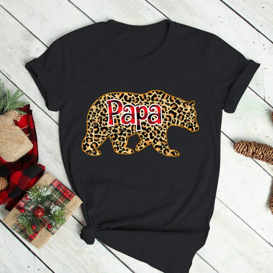 Papa Bear Leopard Print Red Plaid Buffalo Christmas Family T-Shirt