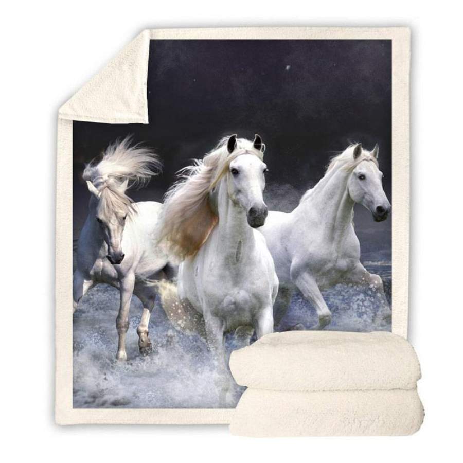 White Horses Throw Blanket | Animal Horses Fleece Blanket for Adult Kids