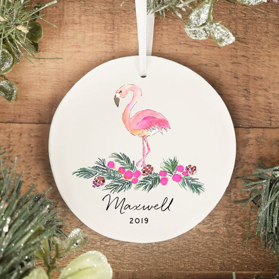 Flamingo Ornament, Christmas Berry Pinecone Branch