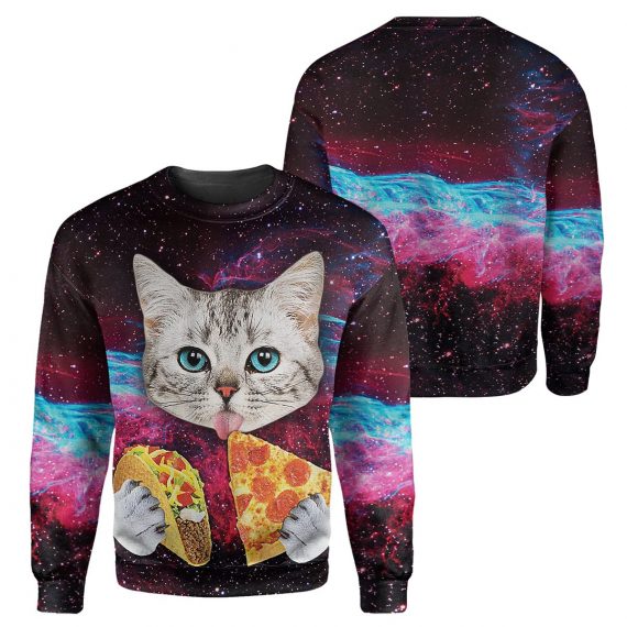 Galaxy Pizza Cat All Over Print Unisex Sweatshirt For Cat Lovers