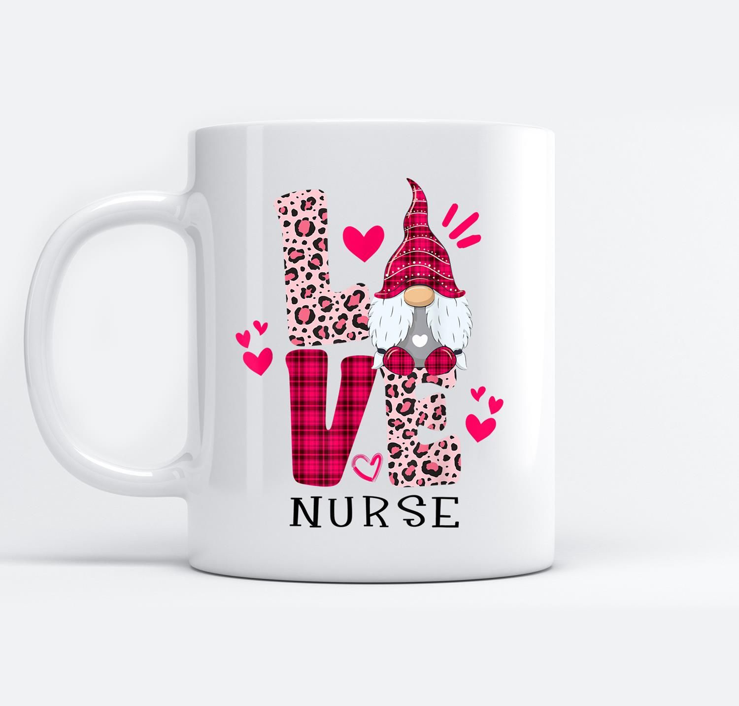 Nn Love Leopard Plaid Gnome Nurse Valentines Day Costume White Mugs