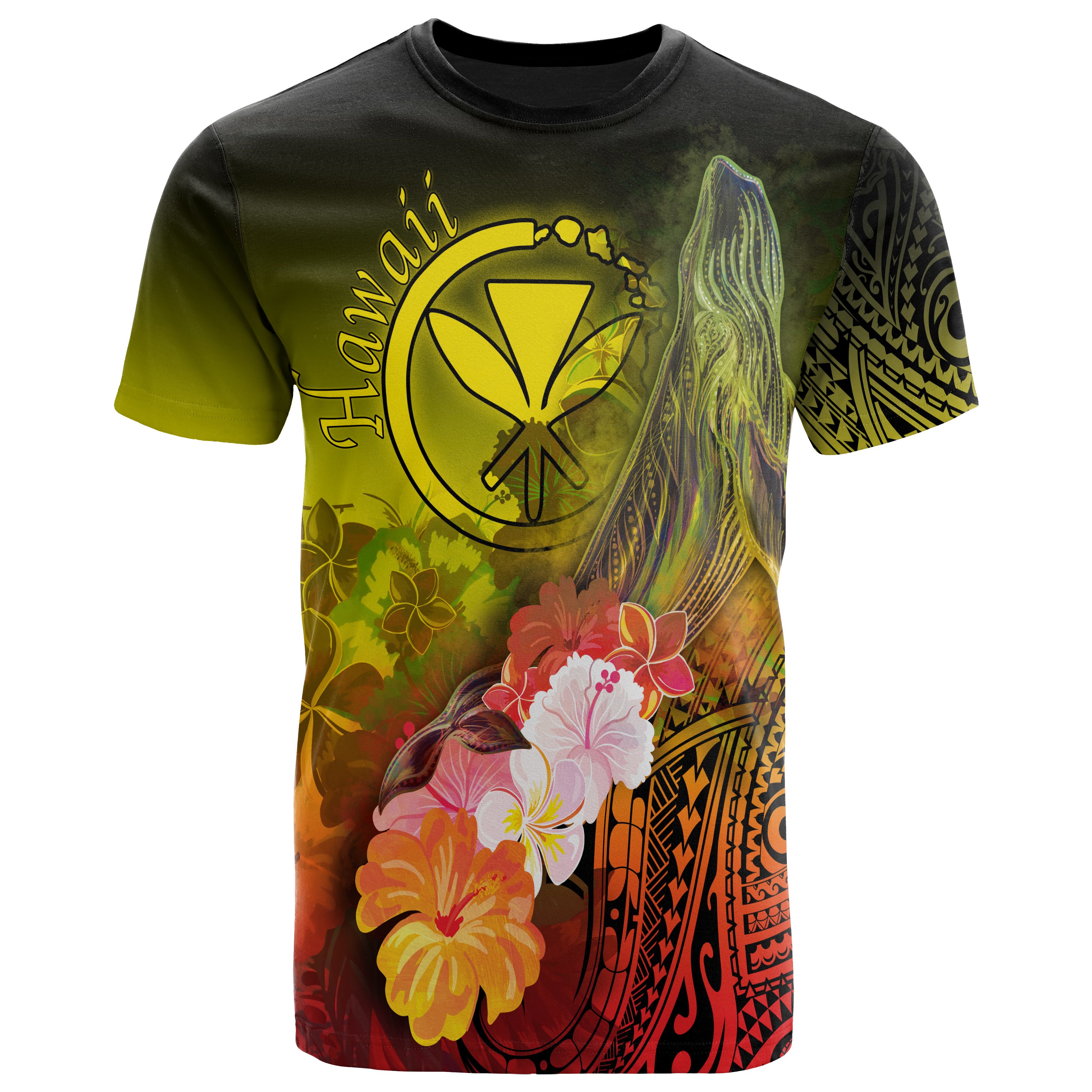 Polynesian Hawaii T-Shirts – Kanaka Maoli Humpback Whale with Tropical Flowers (Yellow)- BN18