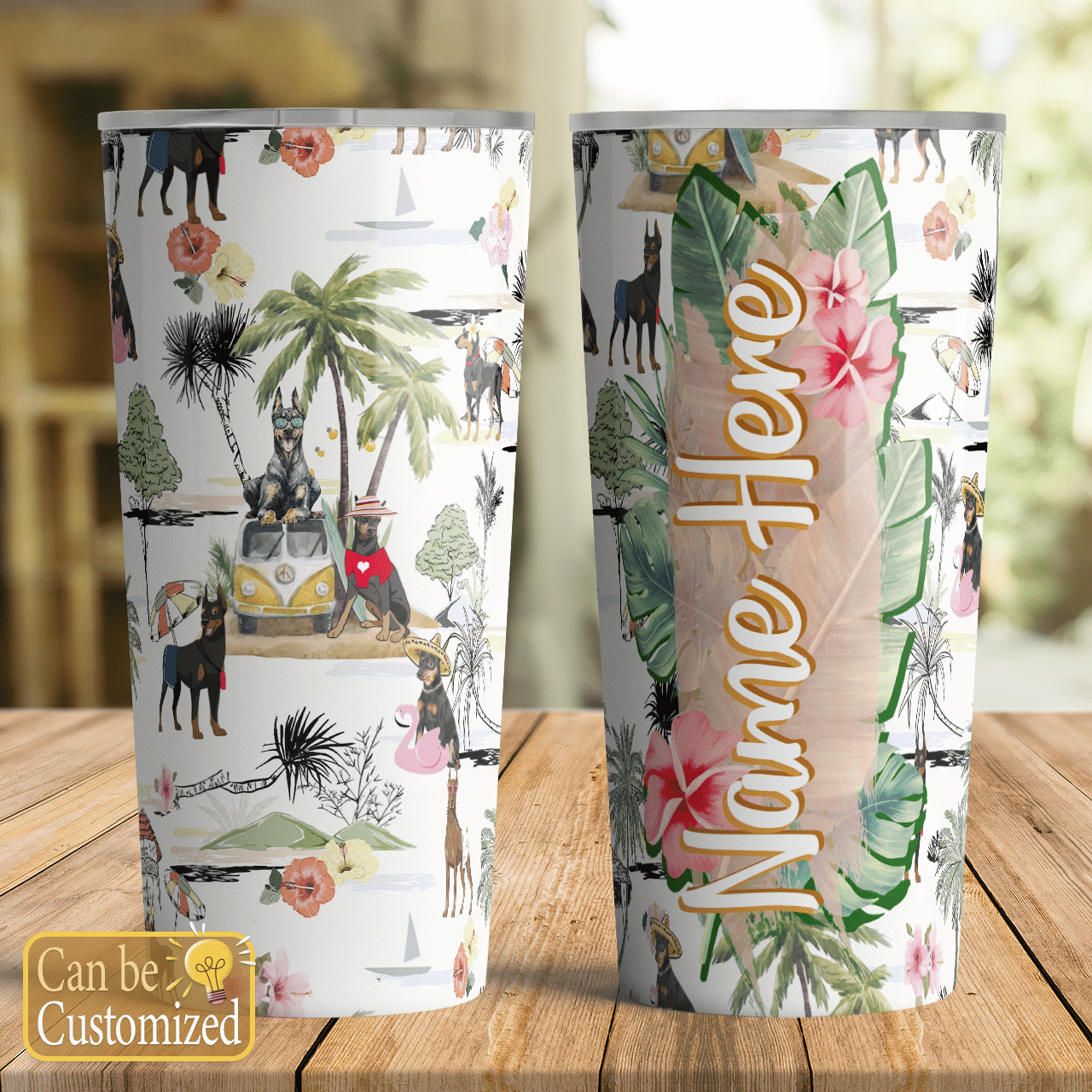 Doberman Pinscher Custom Name Tumbler Hawaiian Beach Retro Ha54904