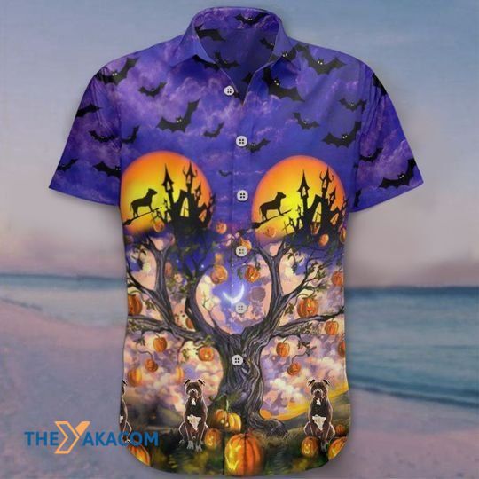 Happy Halloween With Awesome Pitbull And Bat Pumpkin Tree Gift For Dog Lovers Hawaiian Shirt Ha44014