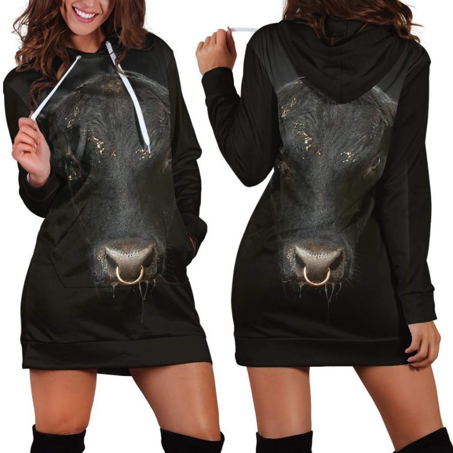 3D All Over Printed Black Cow Hoodie Dress