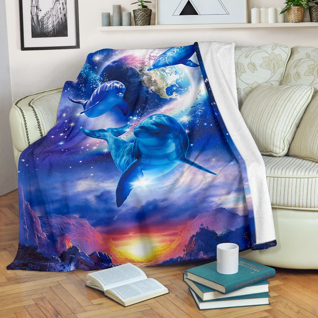 Dolphin In Outer Space Sparkle Galaxy And Earth Sherpa Fleece Blanket Great Customized Blanket Gifts For Birthday Christmas Thanksgiving