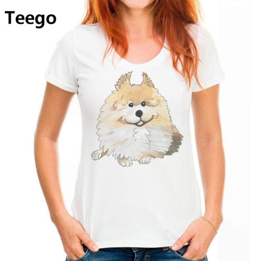 Women Pomeranian dog short sleeve T-shirt White