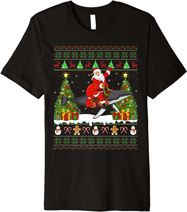 Whale Fish Lover Funny Ugly Santa Riding Whale Christmas Premium T-Shirt