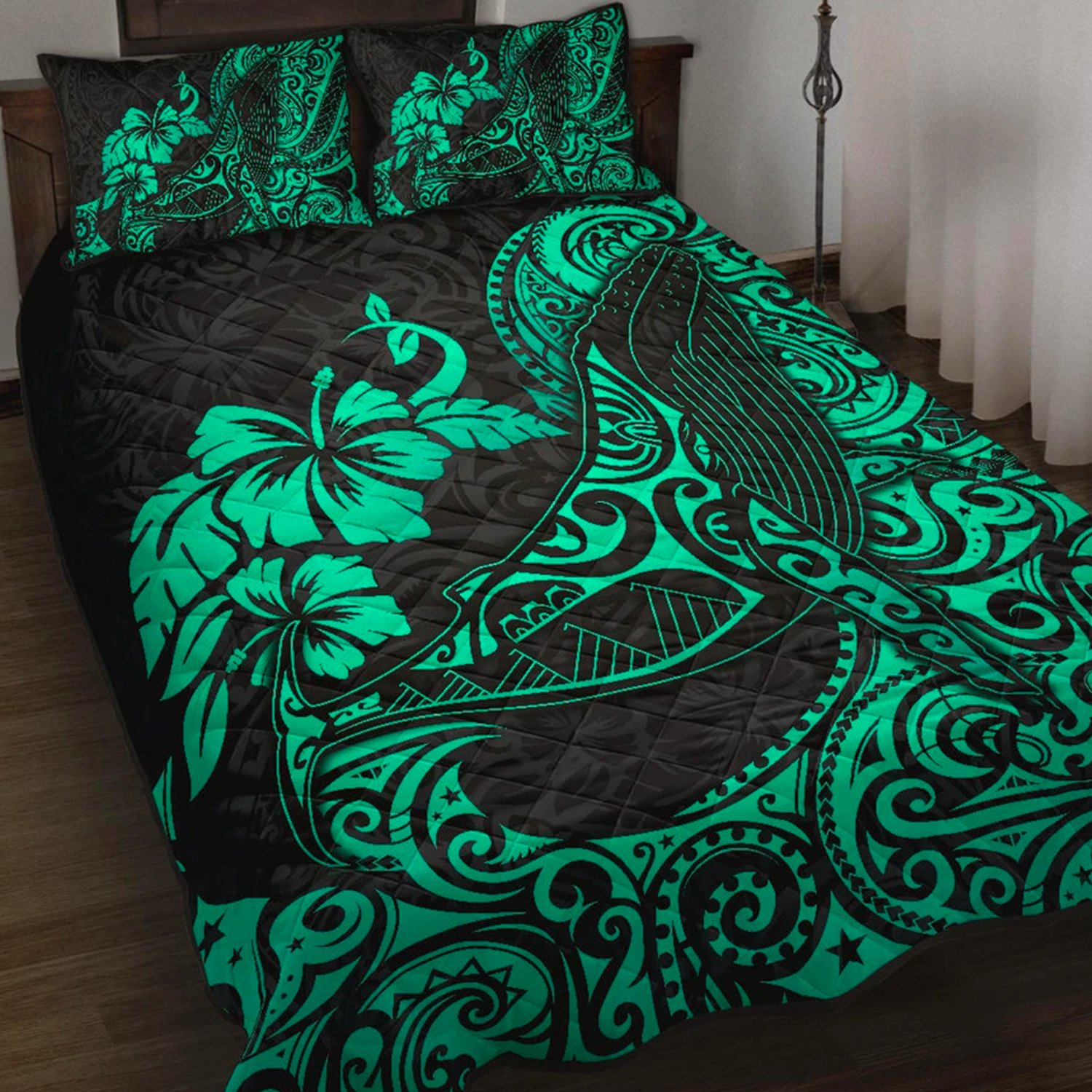 Polynesian Hawaii Quilt Bed Set – Polynesian Turquoise Humpback Whale – BN15