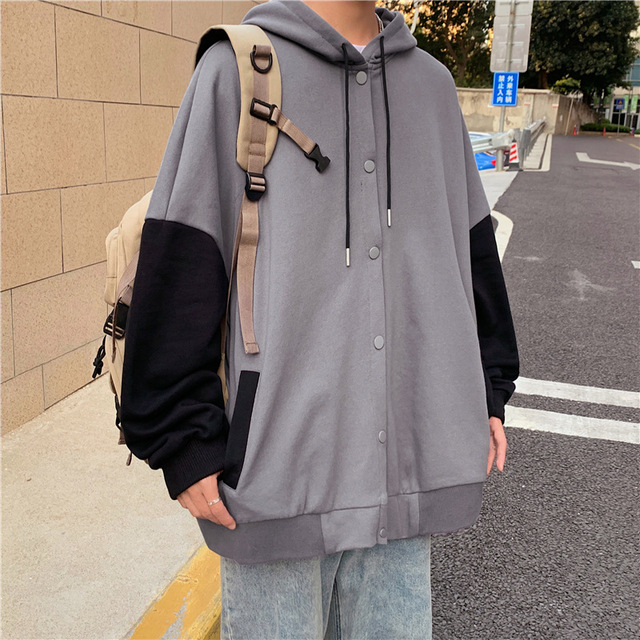 Covrlge Autumn Retro Hong Kong Style Hooded Cardigan Coat Men Women Students American Vintage Spell Sleeve Hooded Jacket MWJ241 alx