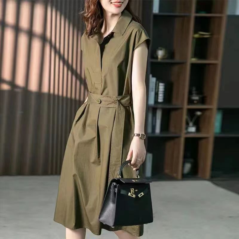 Summer Shirt Dress Short Sleeve Waist Fashion Grace French Fashion Belt Fashionable Minority Solid Color Dress Dimanaf New alx