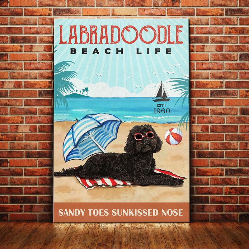 Black Labradoodle Dog Canvas And Poster Beach Life, Sandy Toes Sunkissed Nose | Art Print | Home Decor | Room Decor | Wall Art