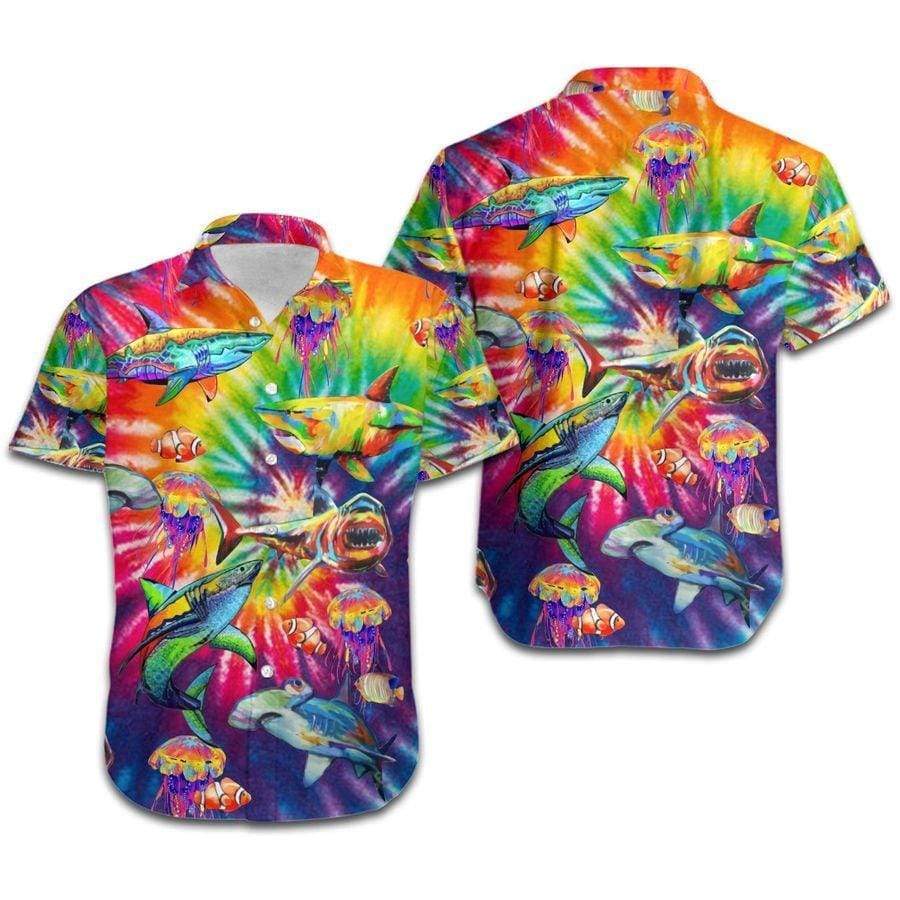 Sharks Rainbow Tie Dye Hawaiian Shirt | Unisex | Adult | Hw7027