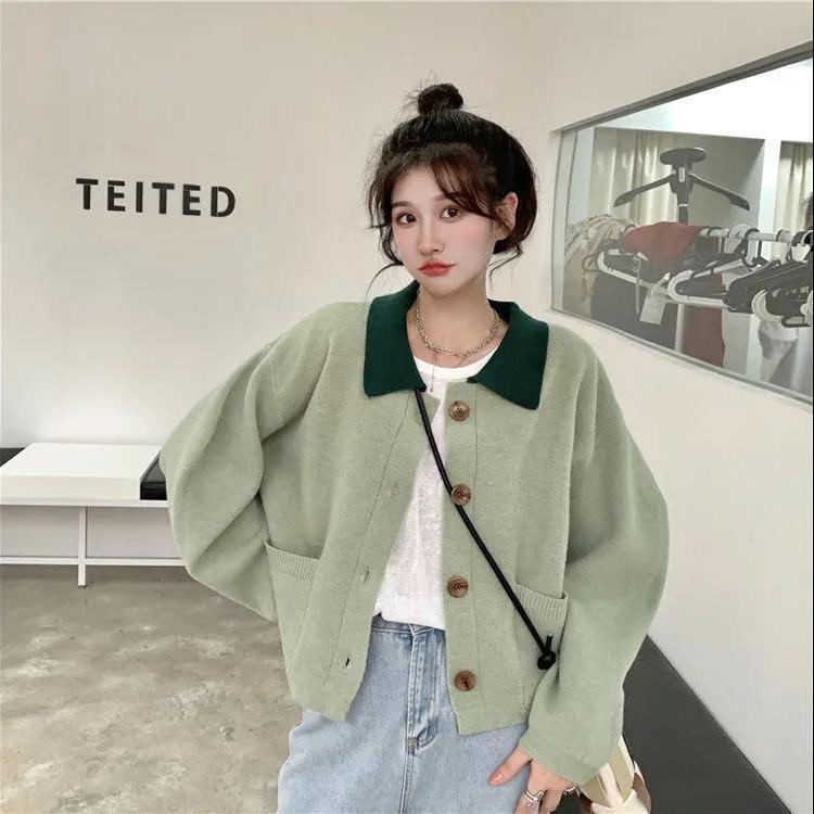 Soft Loose Cardigan Sweater Women Autumn New Vintage French Style Patchwork Trendy All-match Elegant College Young Girlish Chic alx