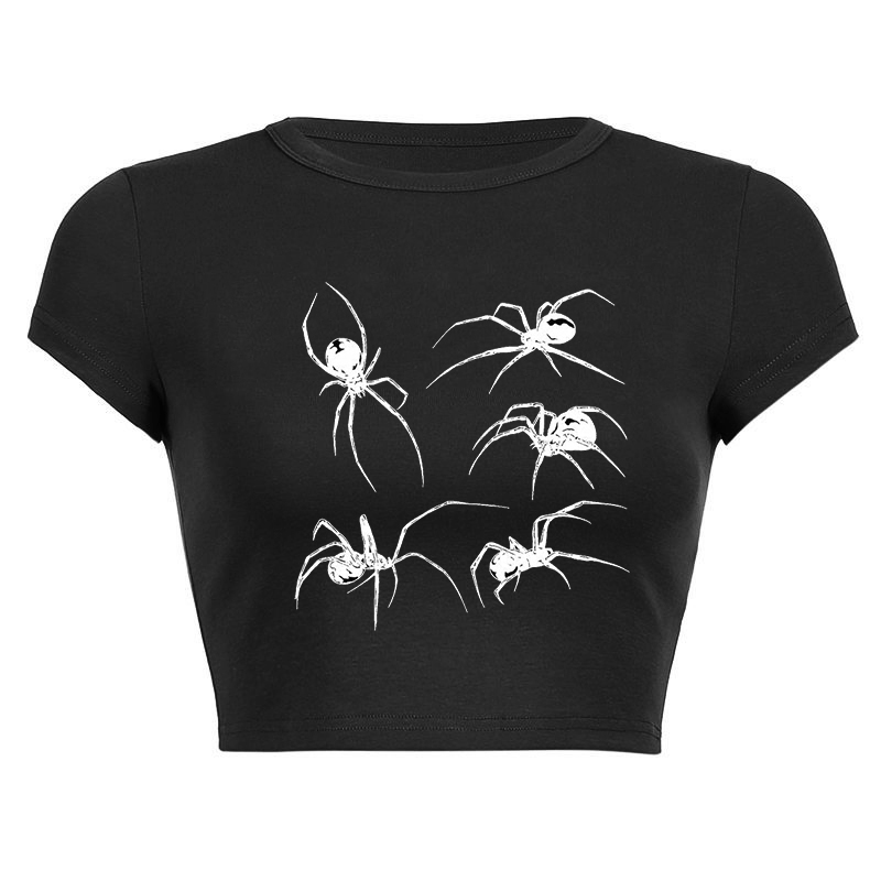 Spider web collection print top gothic y2k baby tee summer women’s cropped top 90s retro hip hop street black o neck top women alx