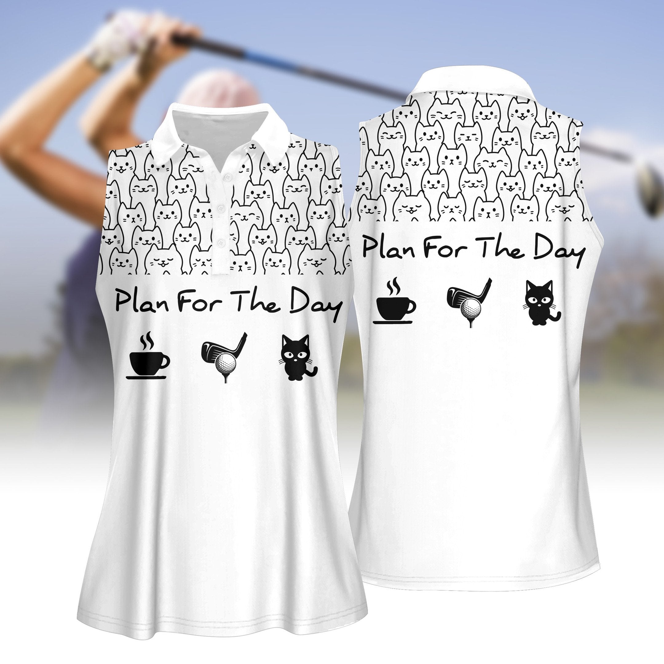 Plan For The Day Coffee, Golf And Cat Women Short Sleeve Polo Shirt, Sleeveless Polo Shirt For Women