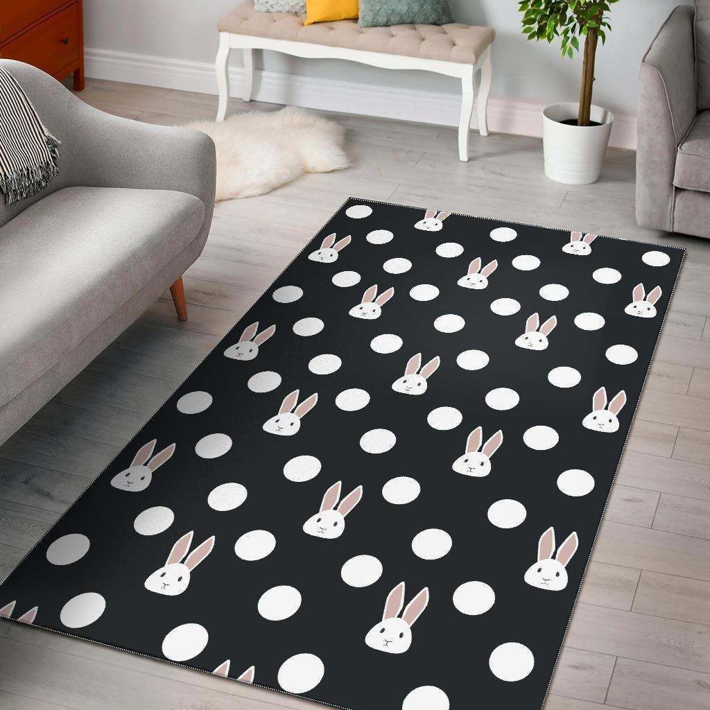 Cute white rabbit polka dots black background Rug