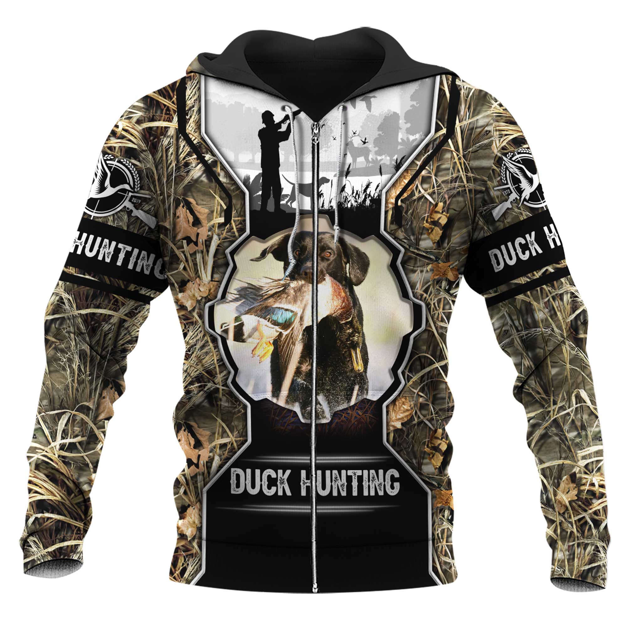 ViticStore™ Duck Hunting With Labrador Retriever Buddy 3D- Grey & Brown Shade All Over Printed XXL Zip-Hoodie