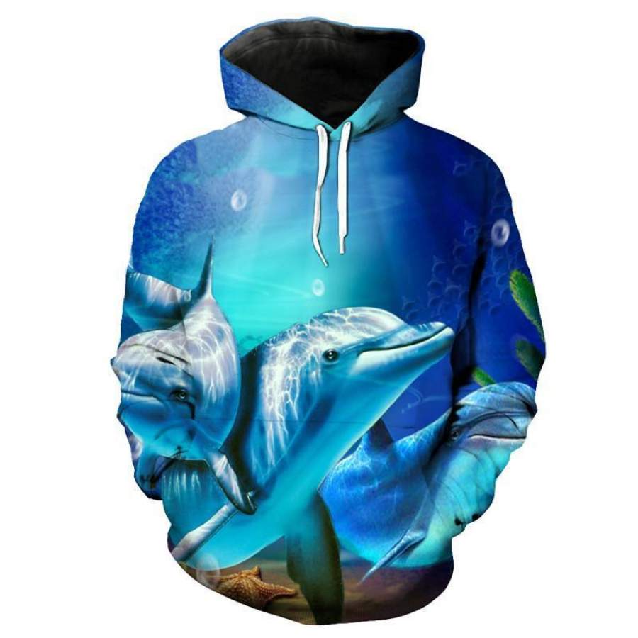 Dark Blue Sportswear Three Dolphins Print Fashion Hooded Sweatshirt Pullover