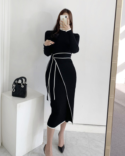 Woman Dress With Belt Vintage Patchwork Slim Knitted Midi Dresses Women Autumn Winter Elegant Sweater Knit Dress 2021 Vestidos alx