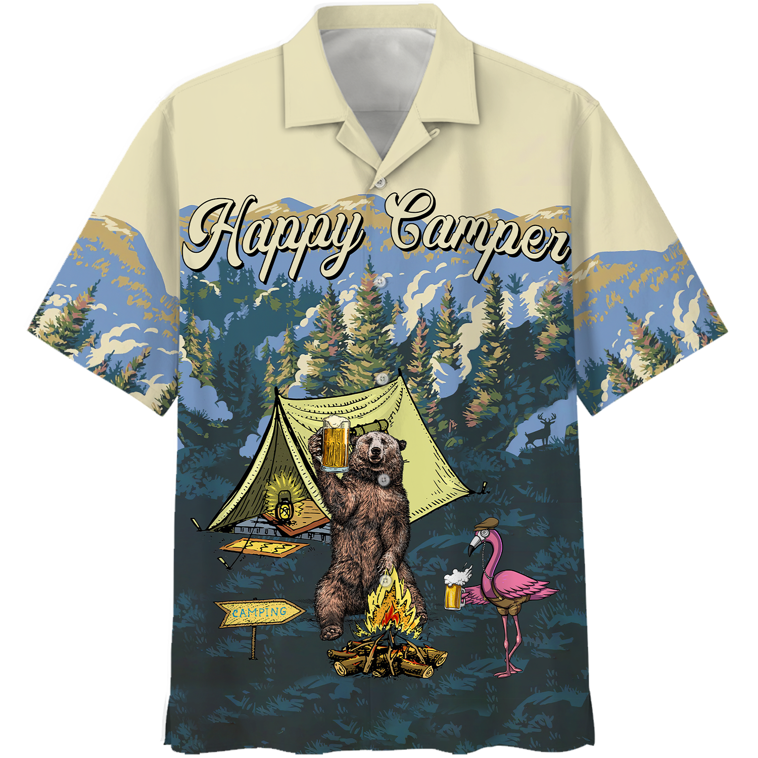 America Familleus Happy Camper Bear Flamingo Style Hawaiian Shirt Short Ha74999