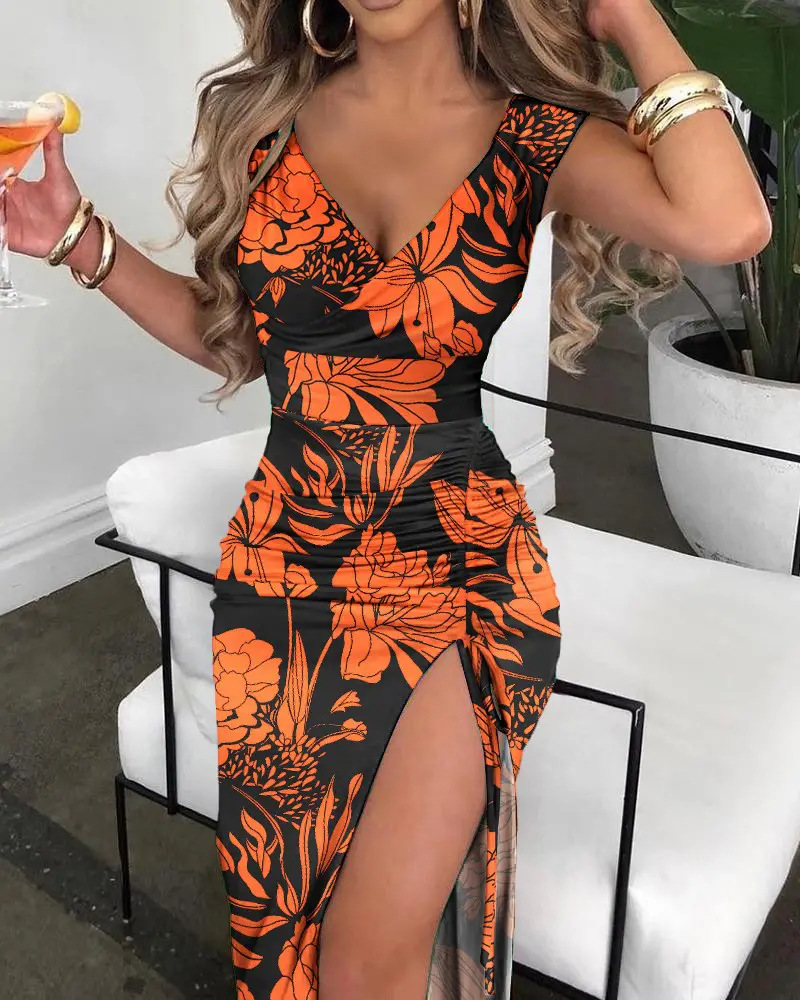 2022 Summer Sexy Sleeveless Slit Women Dress Fashion Printing V-neck Drawstring Slim Beach Style Elegant Lady Dresses alx