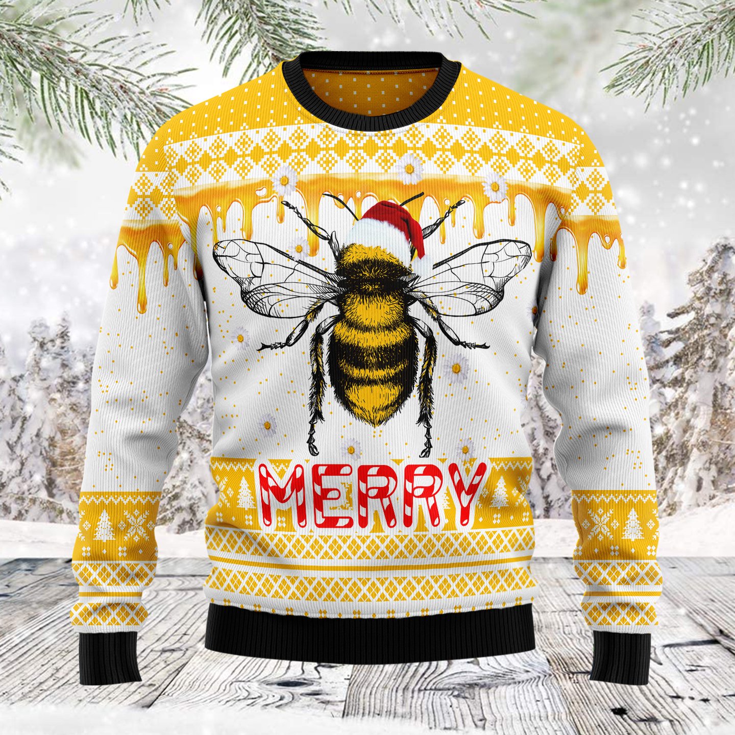 Bee Merry TG5121 unisex womens & mens, couples matching, friends, bee lover, funny family ugly christmas holiday sweater gifts (plus size available)