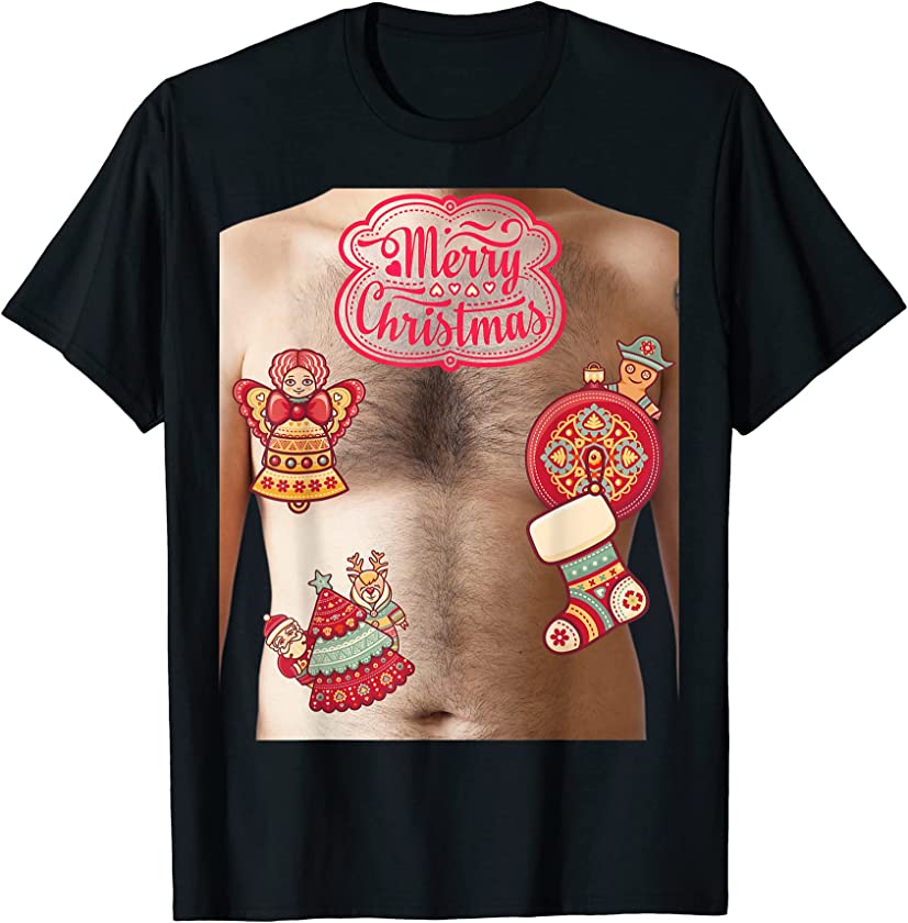 Ugly Christmas Sweater Hairy Chest Funny Holiday Party T-Shirt