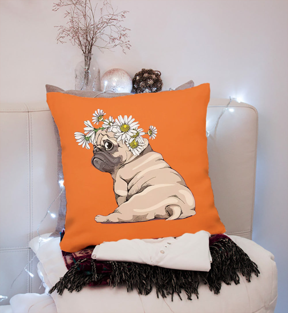 Adorable Beige Puppy Pug With Chamomile Wreath Pillow Cover, Personalized Dog Pillowcase, Pillow Cover 16″X16”, Decorative Home