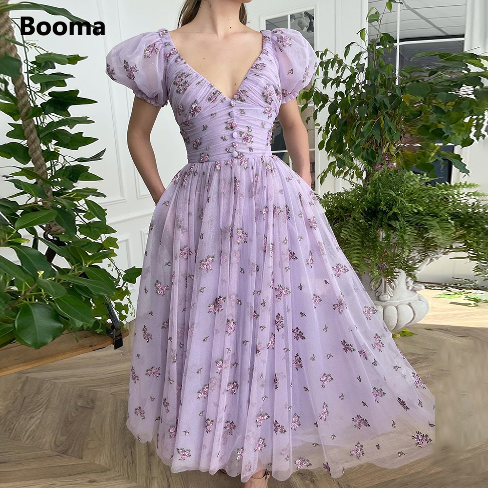 Booma Lavender V-Neck Tulle Midi Prom Dresses Short Puff Sleeves Embroidery Lace Tea-Length A-Line Wedding Party Dresses alx