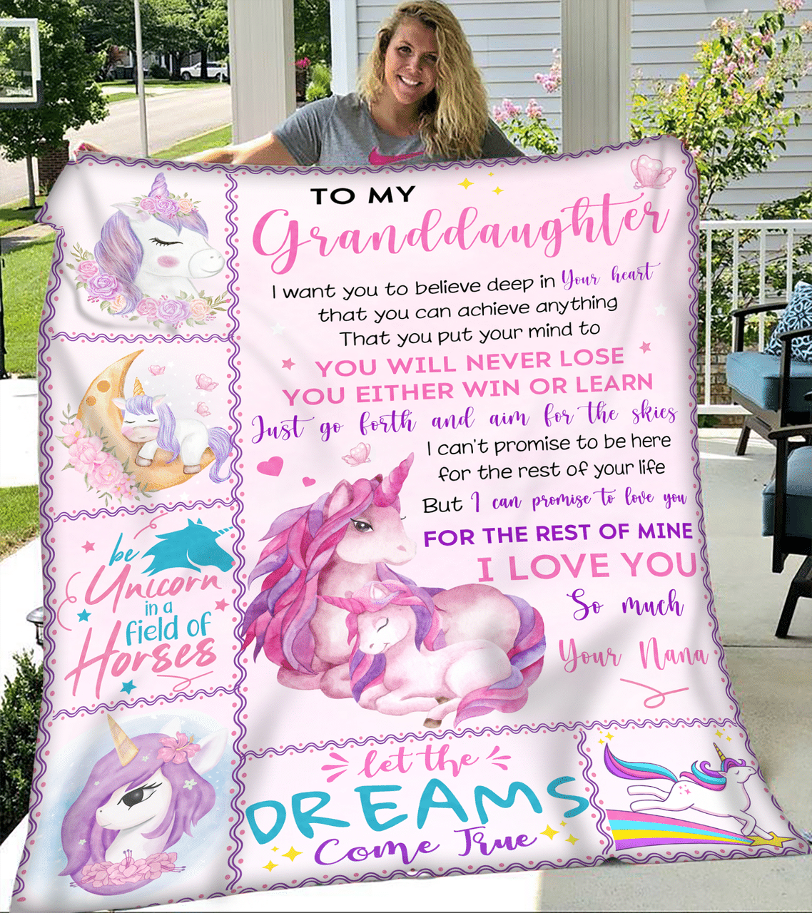 [Personalized Name] Let The Dream Come True Unicorn Nana Fleece Blanket, Sherpa Blanket, Gift For Family Member, Friends Gift, Christmas Gift, Home Decor, Home Living