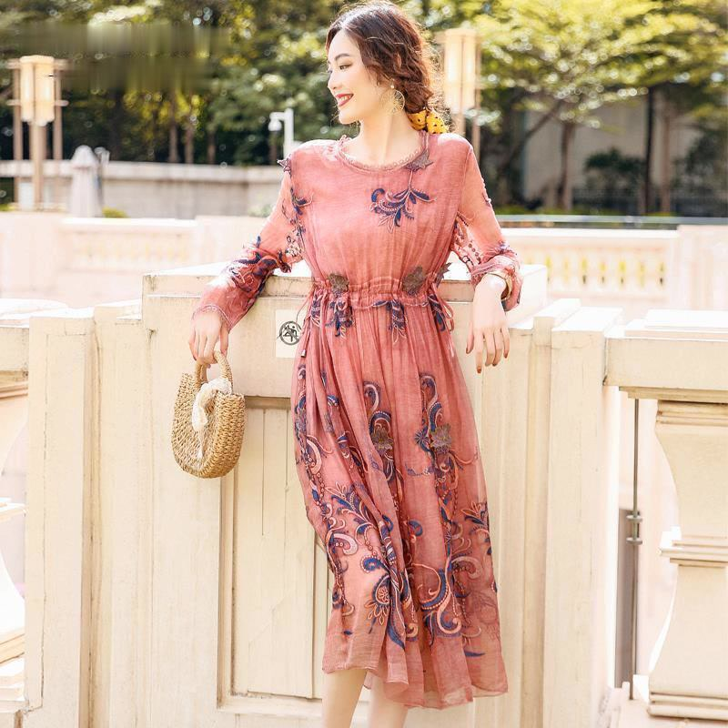 AYUNSUE 2021 New 100% Real Silk Dress Spring Summer Elegant clothes Dresses for Women Floral Beach Long Sleeve Vestido Mujer alx