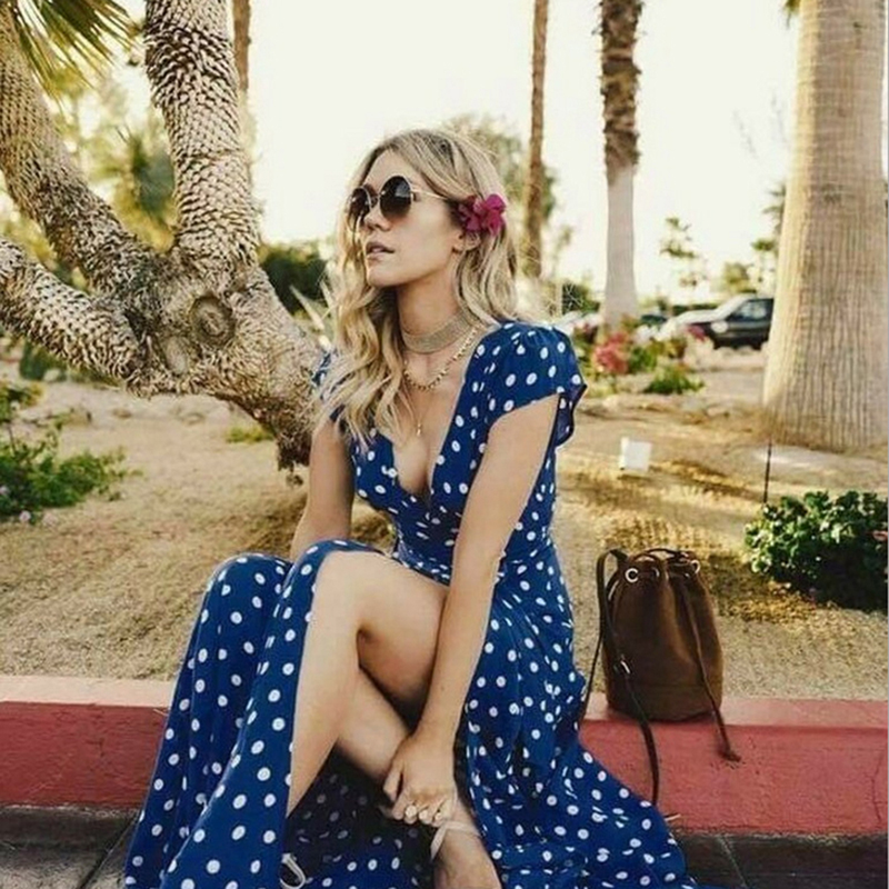 Women Bohemian Dots Printed Party Dress Short Sleeve V Neck Casual Dress 2021 Summer Fashion Split Women Long Dress alx