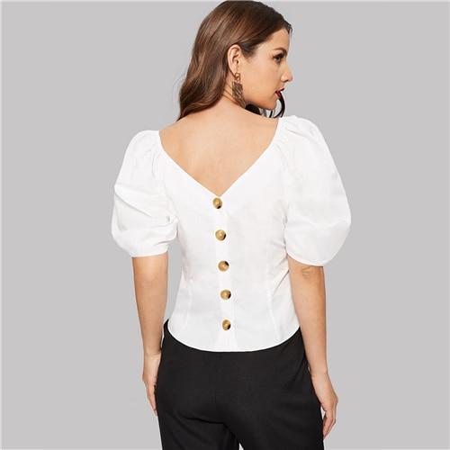 Vintage White Double V-neckline Short Puff Sleeve Buttoned Back Blouse Women Summer Office Lady Slim Fit Solid Top Blouses