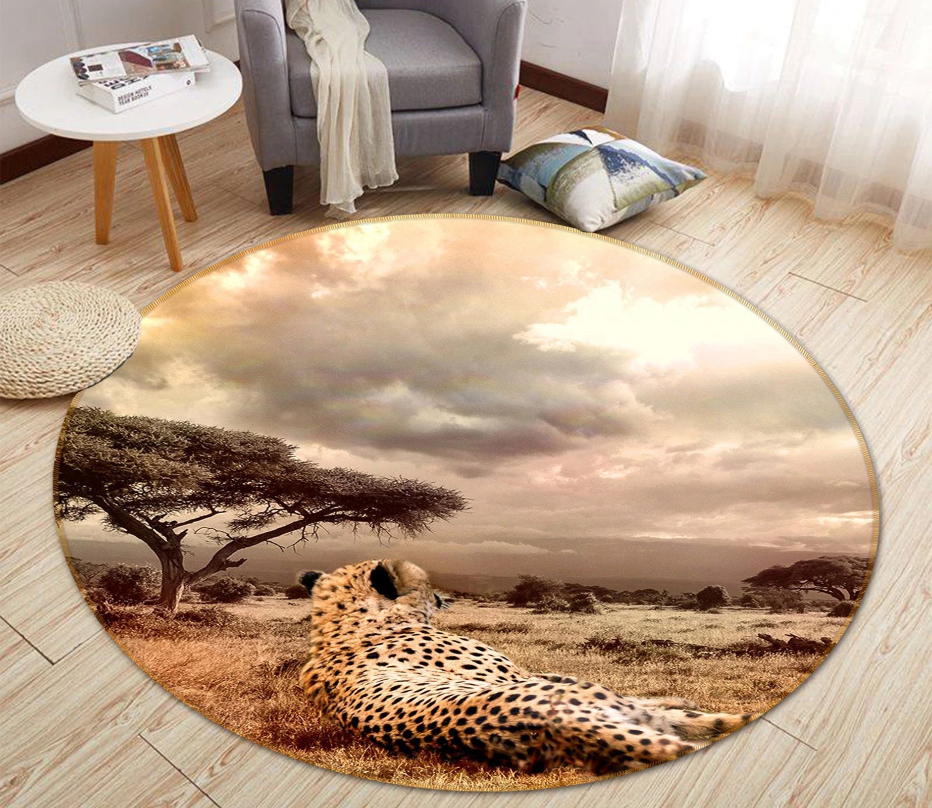 Sunset Scene Leopard Lying On Dry Meadow Printed Round Rug – Round Carpet Home Decor