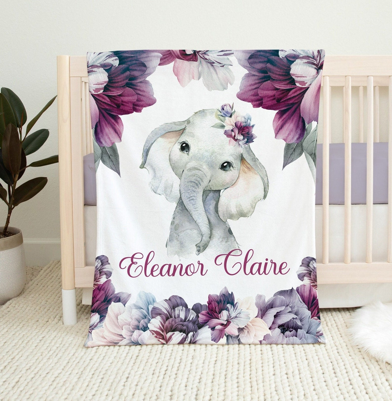 Purple Floral Elephant Baby Name Blanket, Personalized Baby Girl Floral Blanket, Purple Peonies, Newborn Girl Custom Name Elephant Blanket,