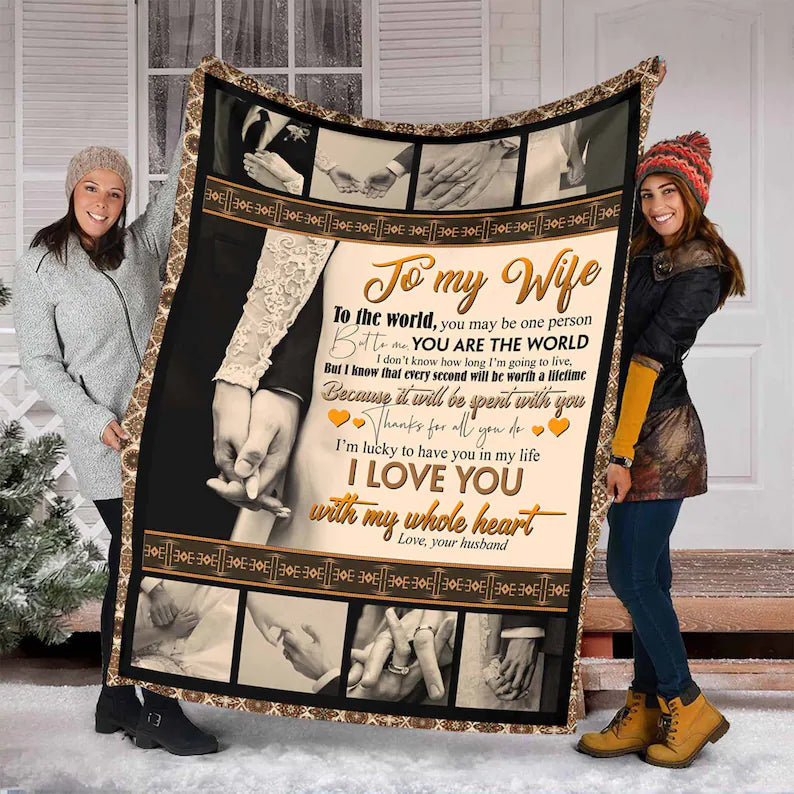 To My Wife I Love You With My Whole Heart Blanket, Wedding Blanket, Fleece Blanket, Mink Blanket,Gift For Wife Family Home Decor Bedding Couch Sofa Soft And Comfy Cozy