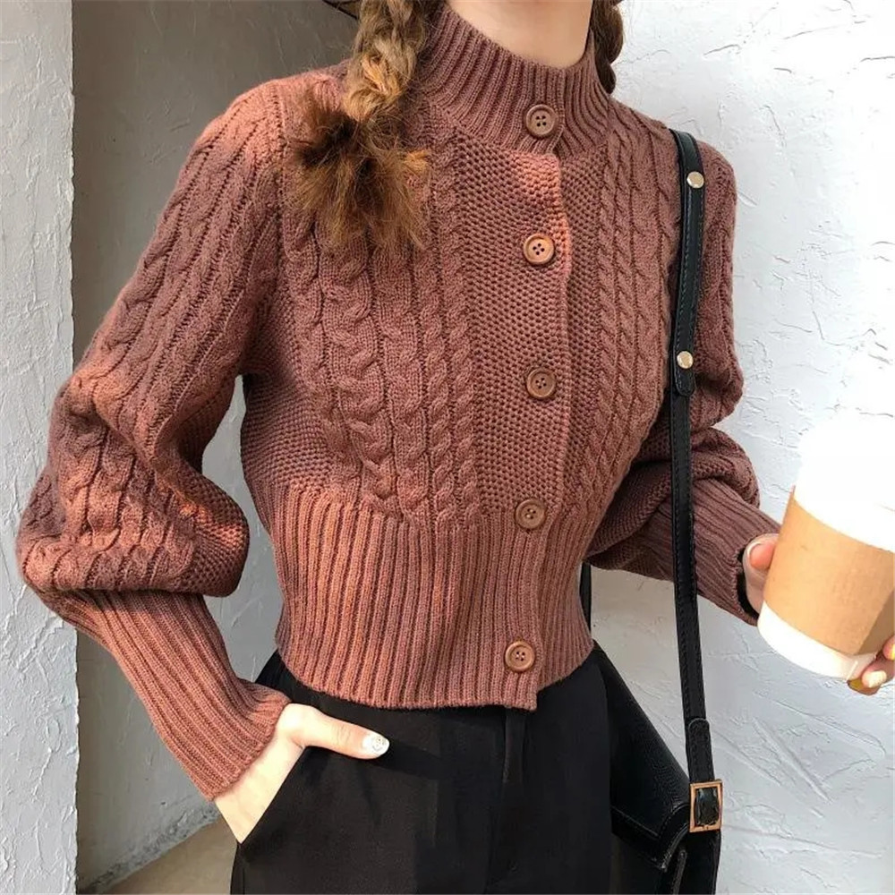 Vintage Long Puff Sleeve Cropped Sweater Fall Winter Knitted Short Cardigan Women Korean O-Neck Single Breasted Sueter Mujer alx