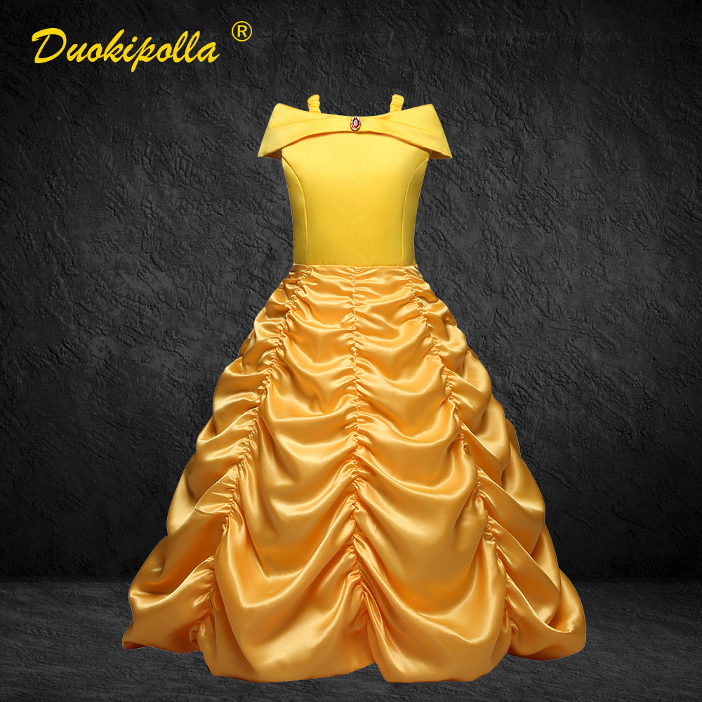 1-12Y Beauty and Beast Summer Princess Belle Dress Girl Halloween Masquerade Child Shoulderless Yellow Ruched Dresses Kids Wig alx