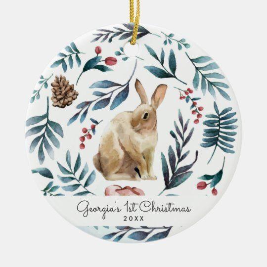 Personalized Ornament Winter Bunny Christmas Customized Ceramic Circle Ornament 1 – 2 Sided