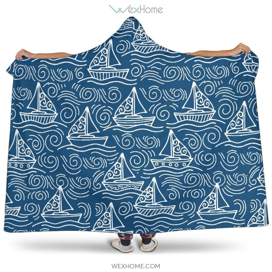 Hand Drawn Sailboat Pattern Hooded Blanket