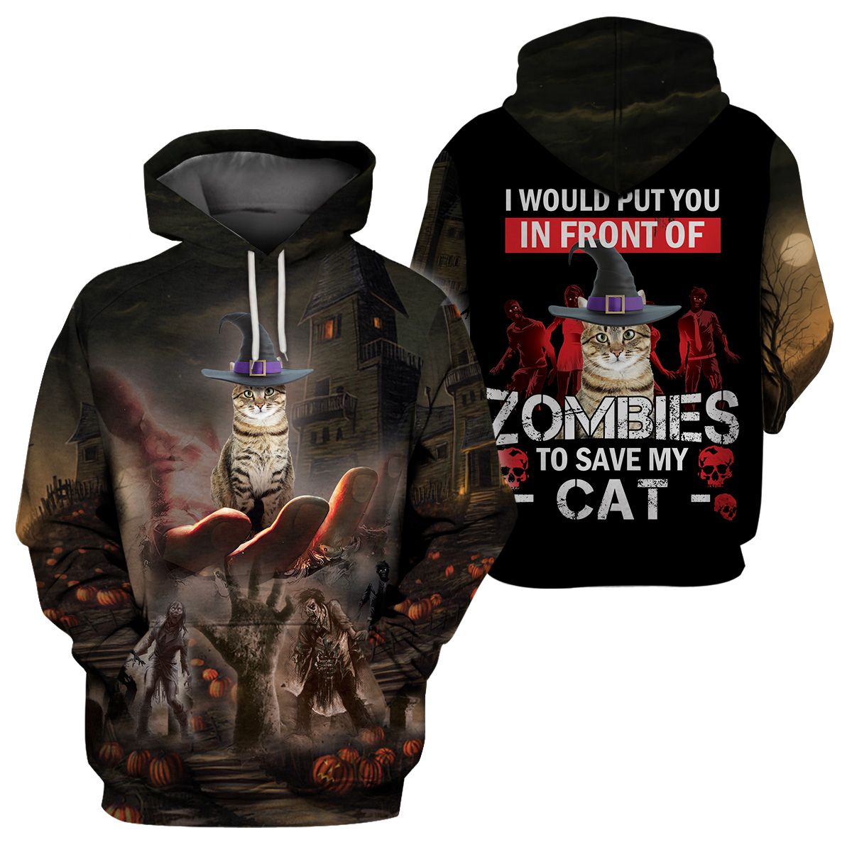 3D All-Over Printed Apparels Halloween Cat And Zombie