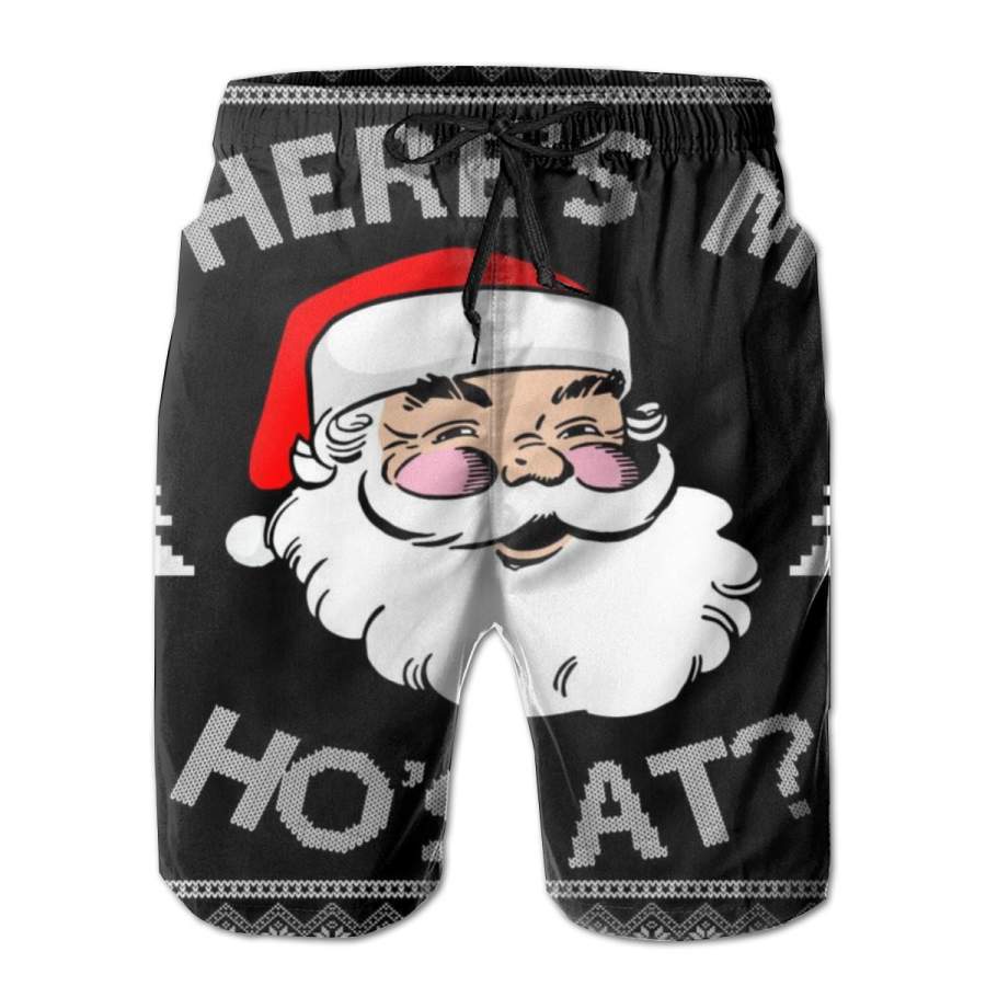 2 Pack Santa Claus Where’s My Ho’s AtU Funny Ugly Christmas Poster Men Swim Trunks Drawstring Elastic Waist Quick Dry Beach Shorts with Mesh Lining Swimwear Bathing Suits