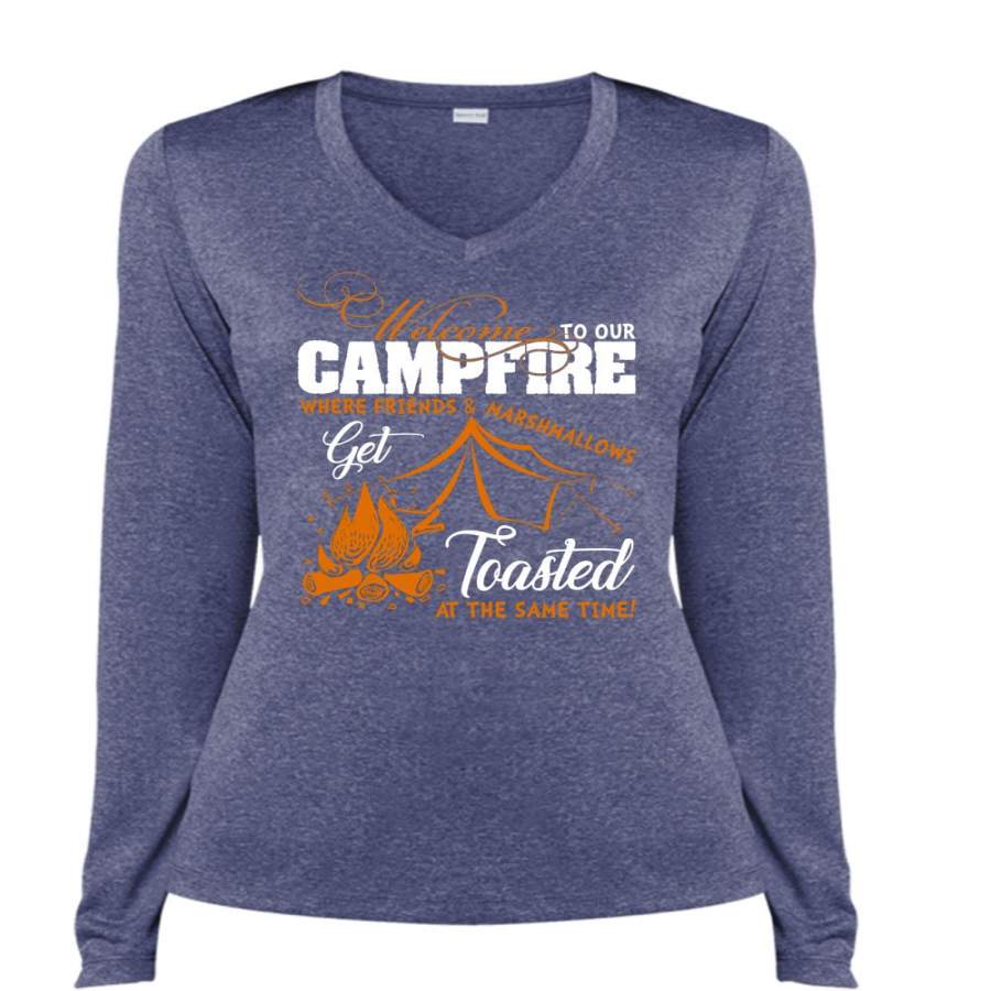 Welcome To Our Campfire T Shirt, Friends And Marshmallows T Shirt, Cool Shirt (Ladies LS Heather V-Neck)