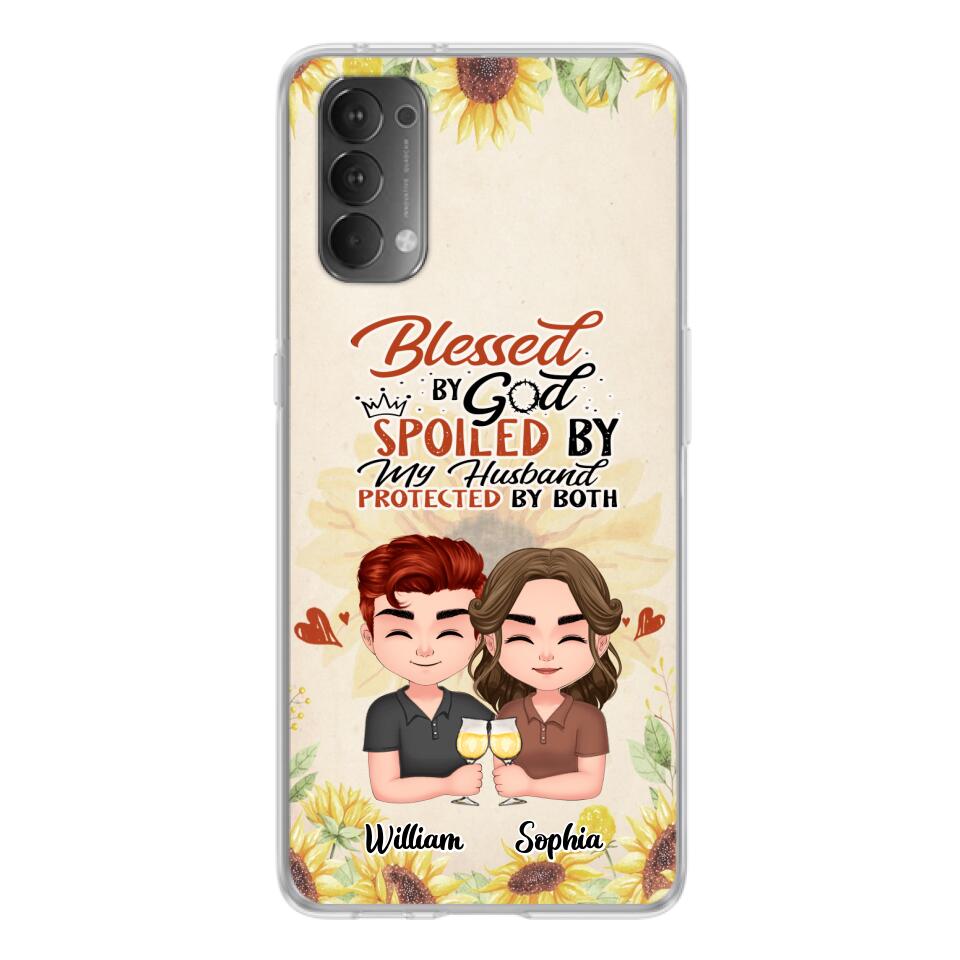 Custom Personalized Chibi Couple Phone Case – Gift Idea For Couple – Blessed By God, Spoiled By My Husband, Protected By Both – Cases For Oppo, Xiaomi & Huawei