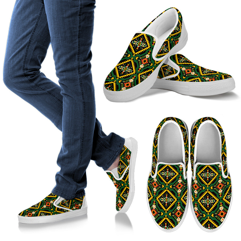 Kente Green Design African Print Men Slip Ons Shoes