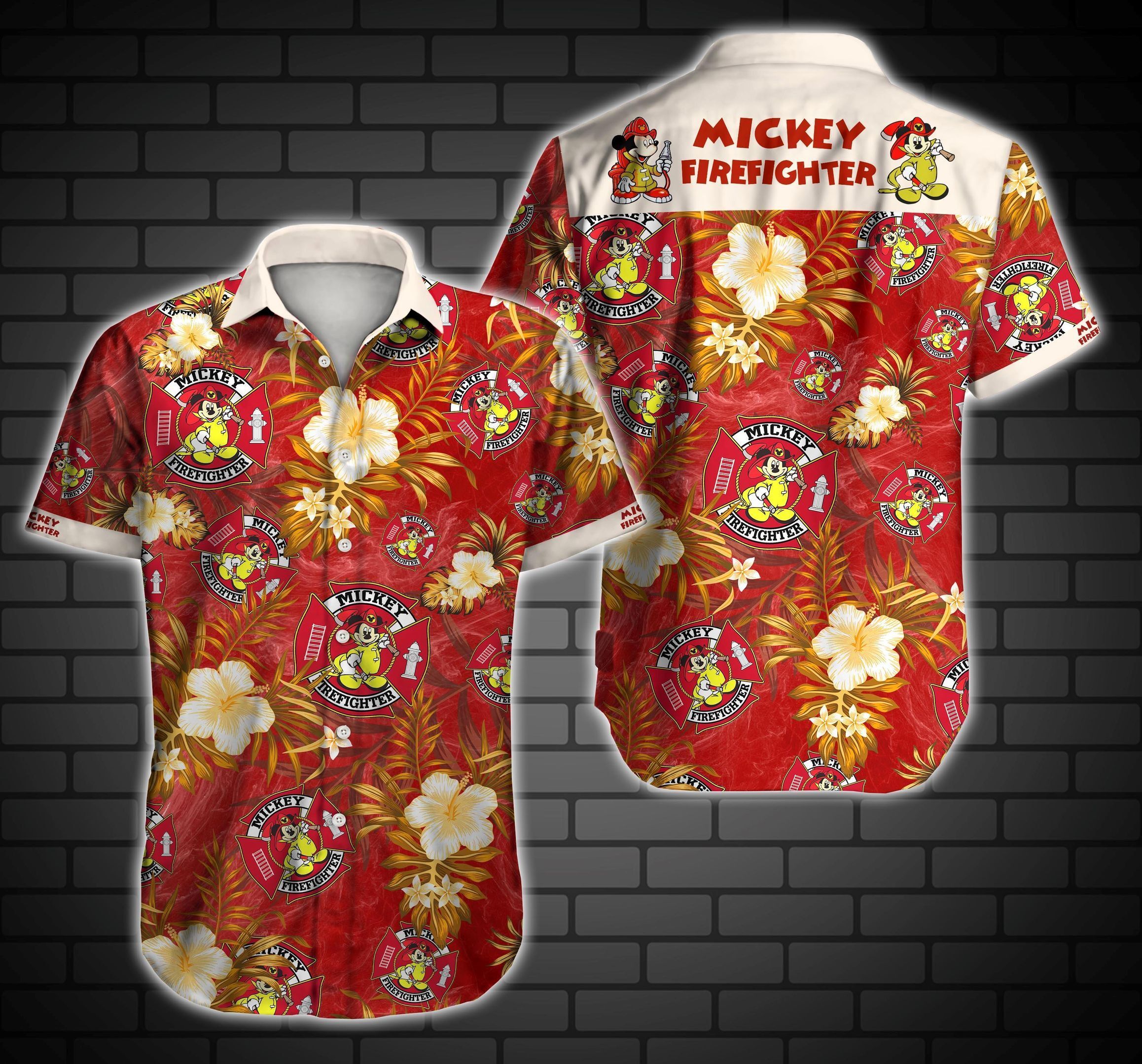 Mickey Firefighter Hawaiian Shirt Summer Button Up For Men Beach Wear Short Sleeve Hawaiian Ha70782